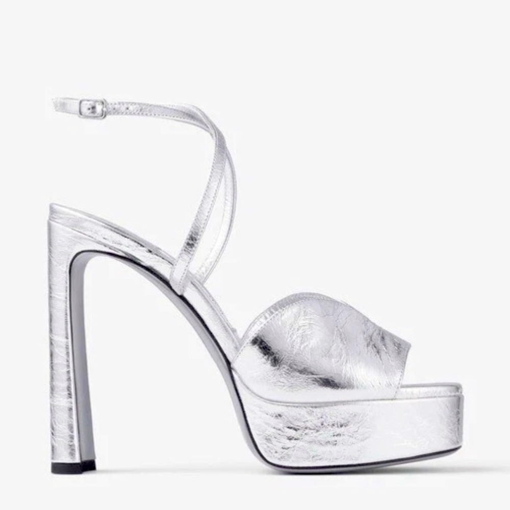 JIMMY CHOO Karli 125 Metallic Leather Platform Sandals - Silver 37.5
